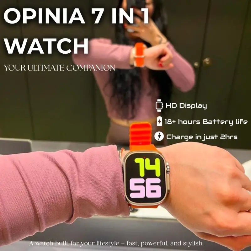 Opinia 7 in 1 Watch | 2.1” Amoled HD Touch Display | Bluetooth Call | Music, Health Monitoring | Wireless Fast Charging in 2 Hours | Easy Refunds