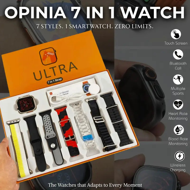 Opinia 7 in 1 Watch | 2.1” Amoled HD Touch Display | Bluetooth Call | Music, Health Monitoring | Wireless Fast Charging in 2 Hours | Easy Refunds
