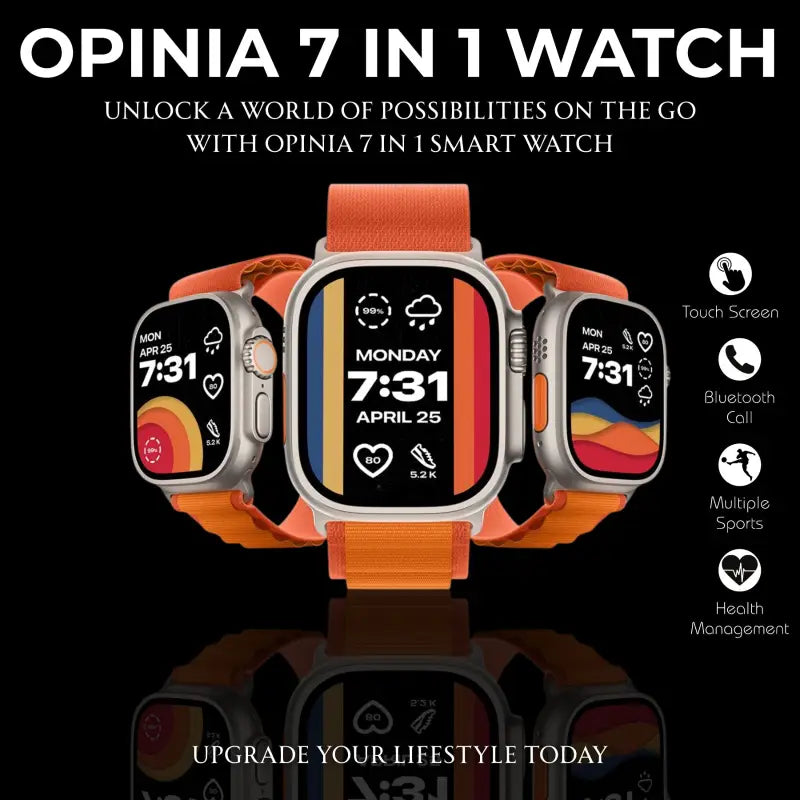 Opinia 7 in 1 Watch | 2.1” Amoled HD Touch Display | Bluetooth Call | Music, Health Monitoring | Wireless Fast Charging in 2 Hours | Easy Refunds
