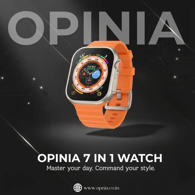 Opinia 7 in 1 Watch | 2.1” Amoled HD Touch Display | Bluetooth Call | Music, Health Monitoring | Wireless Fast Charging in 2 Hours | Easy Refunds