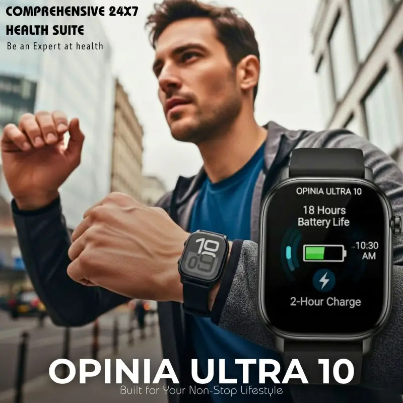 Opinia Ultra 10 | 2.1” Amoled HD Touch Display | Bluetooth Call | Music, Health Monitoring | Wireless Fast Charging in 2 Hours | Easy Refunds