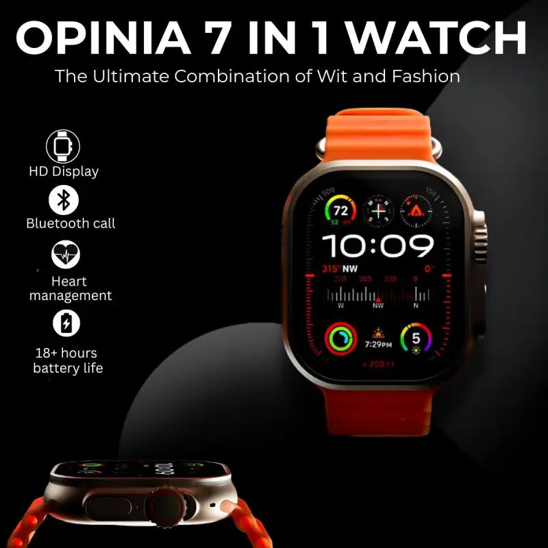 Opinia 7 in 1 Watch | 2.1” Amoled HD Touch Display | Bluetooth Call | Music, Health Monitoring | Wireless Fast Charging in 2 Hours | Easy Refunds