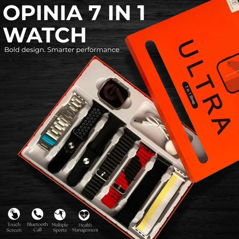 Opinia 7 in 1 Watch | 2.1” Amoled HD Touch Display | Bluetooth Call | Music, Health Monitoring | Wireless Fast Charging in 2 Hours | Easy Refunds