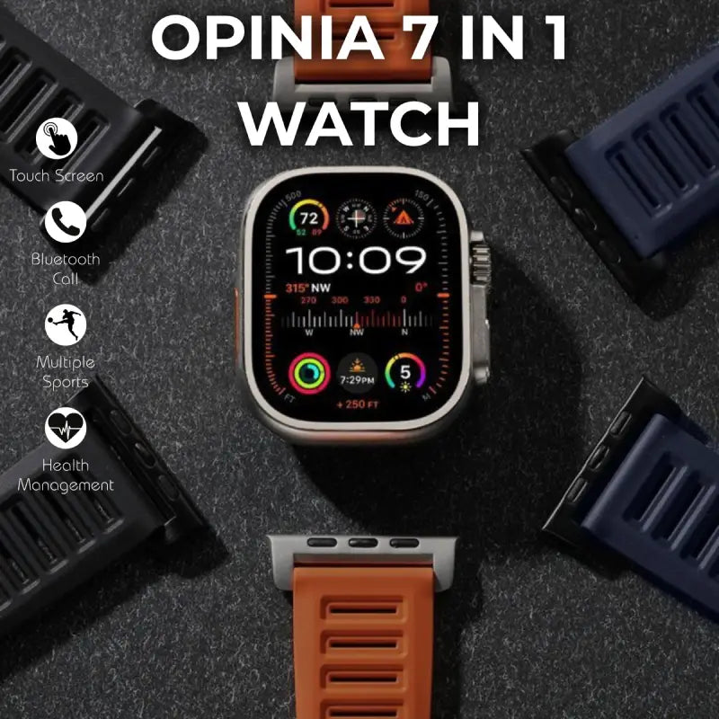 Opinia 7 in 1 Watch | 2.1” Amoled HD Touch Display | Bluetooth Call | Music, Health Monitoring | Wireless Fast Charging in 2 Hours | Easy Refunds